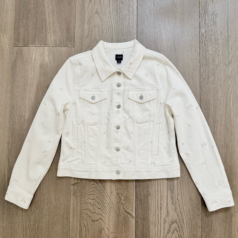 NWT J.Crew Factory Floral Embroidered White Denim Jean Jacket Classic Fit Medium